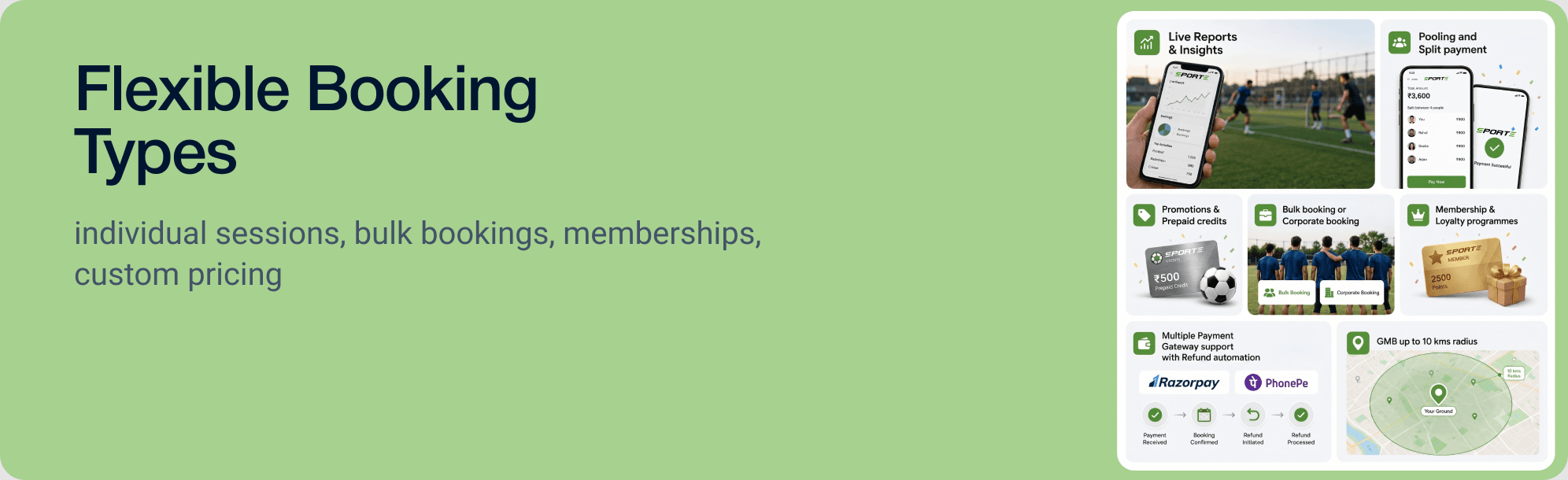 Flexible Booking Types — individual sessions, bulk bookings, memberships, custom pricing