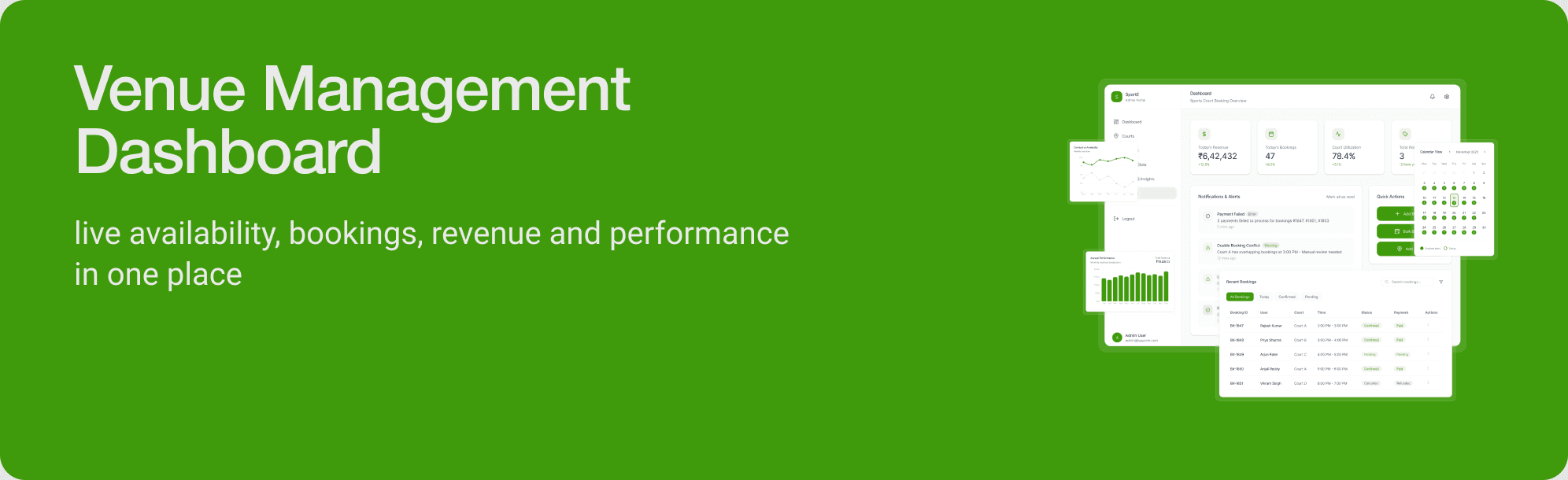 Venue Management Dashboard — live availability, bookings, revenue and performance in one place